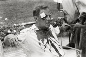 54. White volunteers did not escape assault. Arthur Lelyveld, a rabbi from Cleveland, Ohio, receives first aid after being beaten with a tire iron.Herbert RandallHattiesburg, Mississippi, 1964